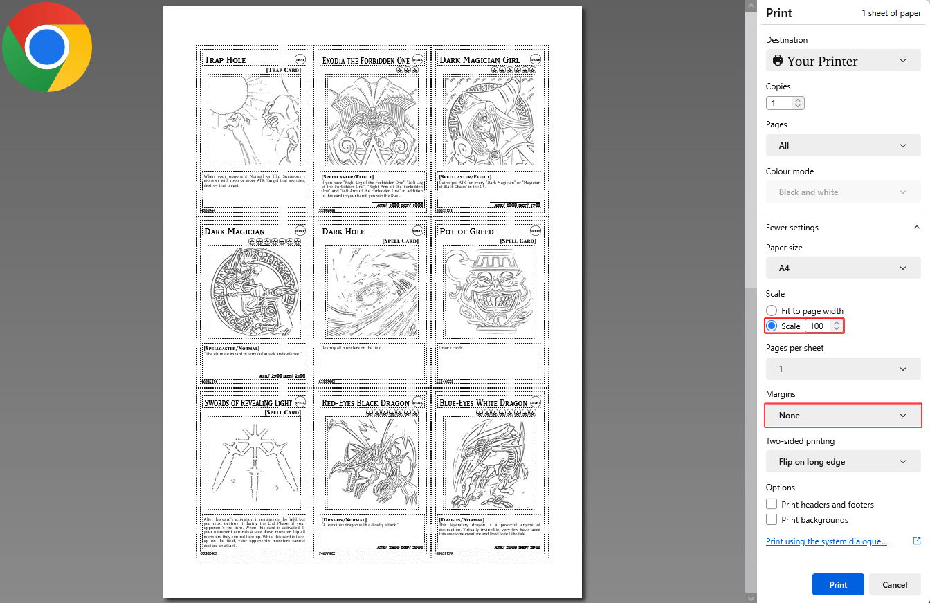 Chrome print settings screenshot