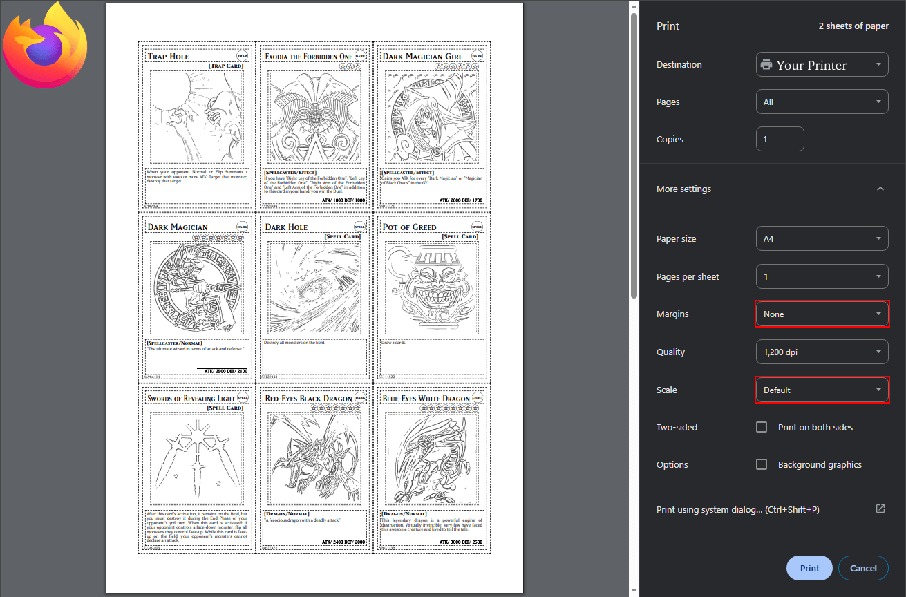 Firefox print settings screenshot