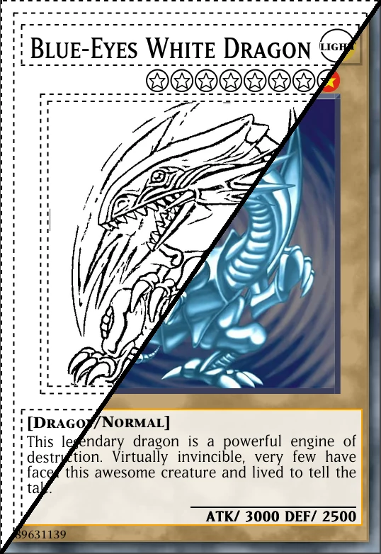 Um Dragão Branco de Olhos Azuis impresso como proxy Yu-Gi-Oh!, metade a cores e metade em traço que poupa tinta
