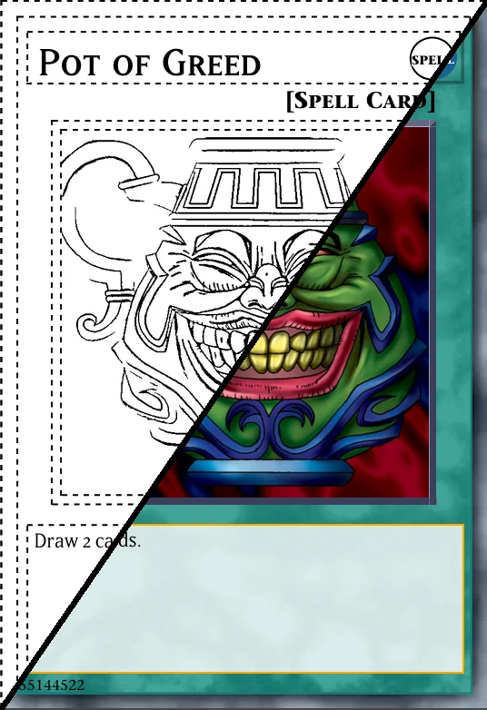 Una carta Anfora dell'Avidità stampata come proxy Yu-Gi-Oh!, metà a colori e metà in line art che risparmia inchiostro