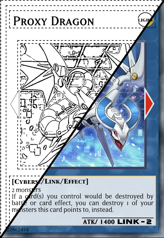 Une carte Proxy Dragon imprimée en proxy Yu-Gi-Oh!, moitié en couleur et moitié en trait économe en encre